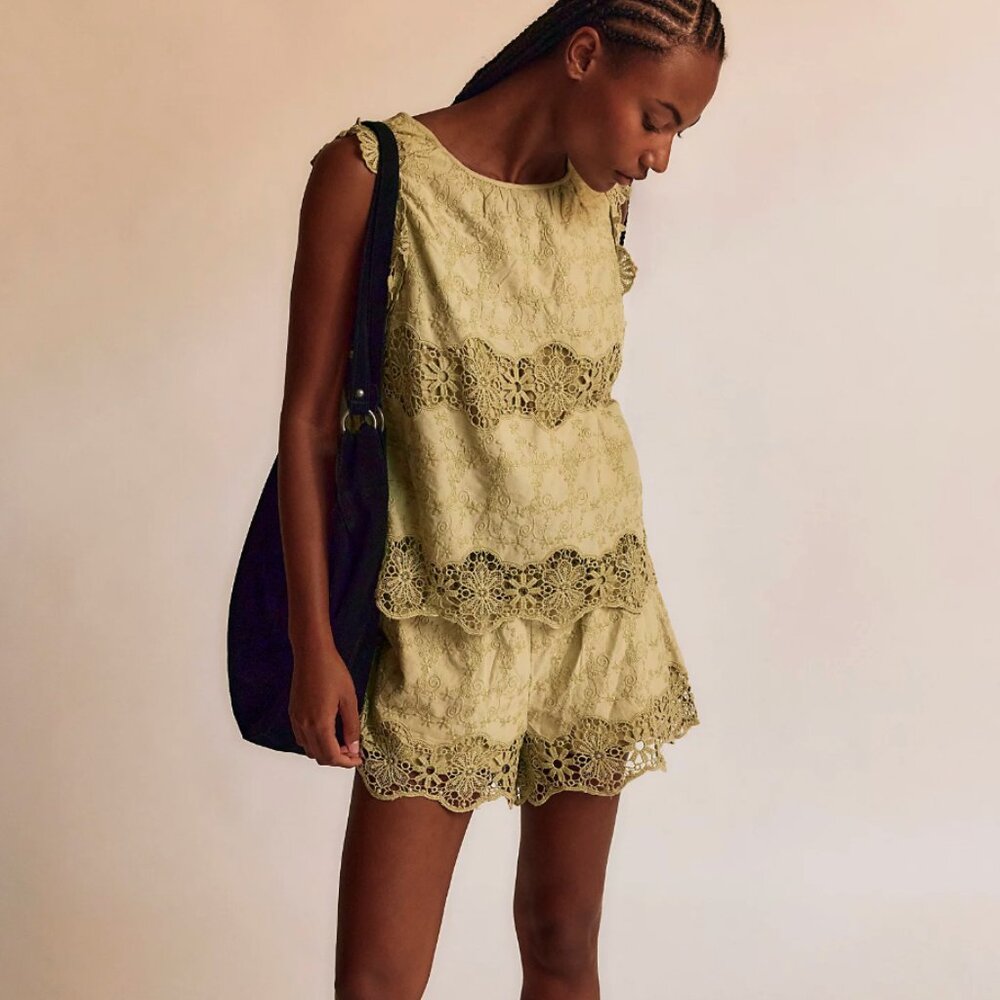 Free People Lace Trim Sleeveless Top in Sage